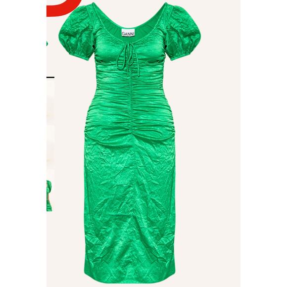 GANNI EU 38 green ruched puff shoulder holiday Midi Dress - Picture 9 of 10